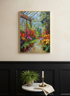 Colorful Greenhouse Floral Painting art print shown in a black wainscoting gold setting