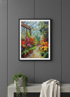 Colorful Greenhouse Floral Painting art print shown in a charcoal minimal black setting