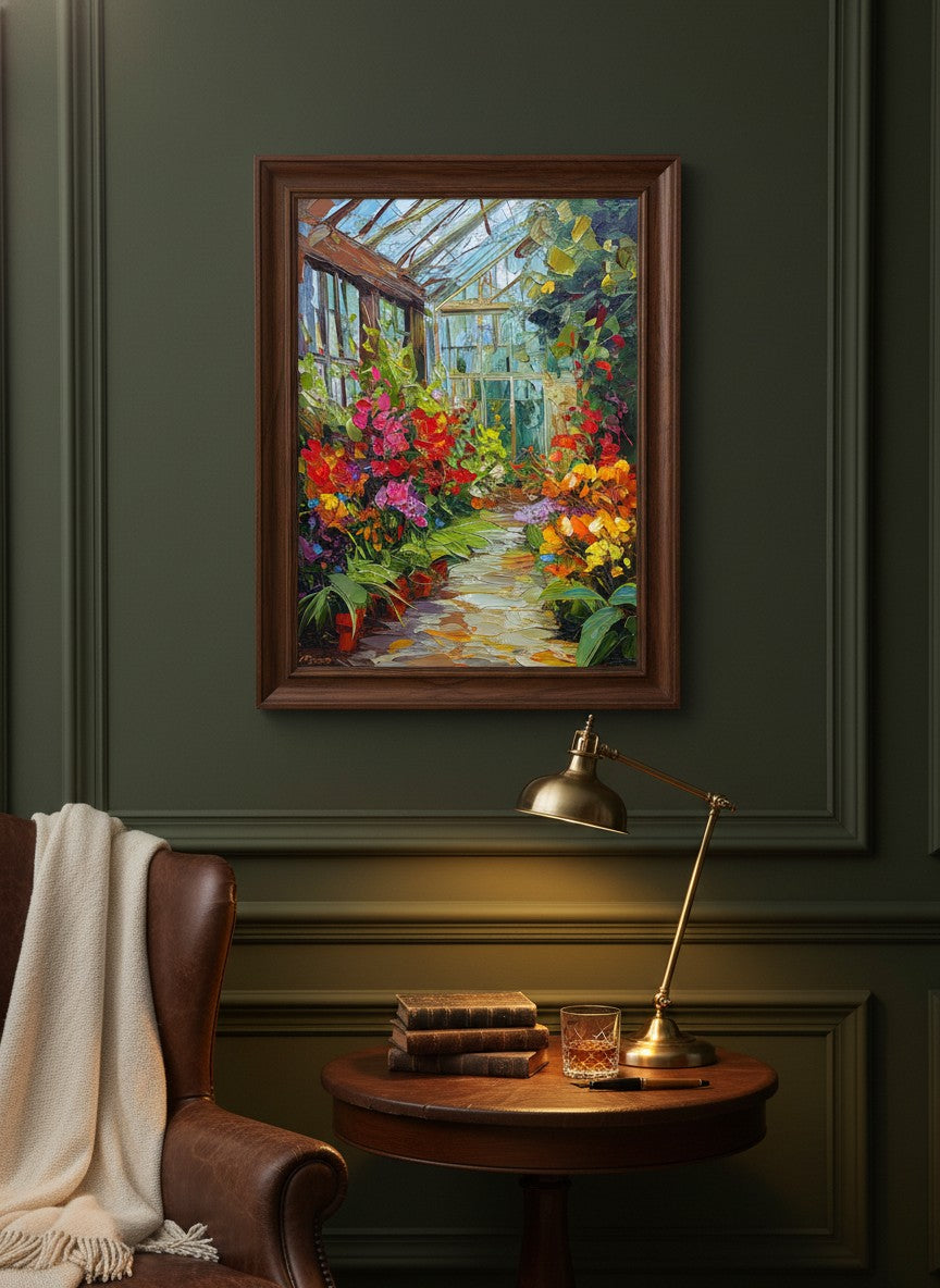 Colorful Greenhouse Floral Painting art print shown in a dark olive study setting