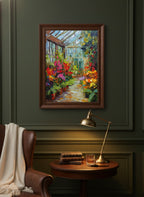 Colorful Greenhouse Floral Painting art print shown in a dark olive study setting