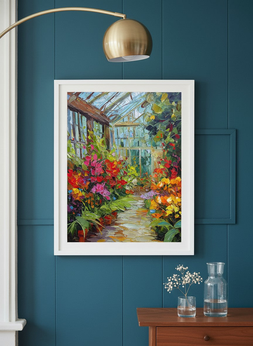 Colorful Greenhouse Floral Painting art print shown in a deep teal modern setting