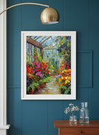 Colorful Greenhouse Floral Painting art print shown in a deep teal modern setting