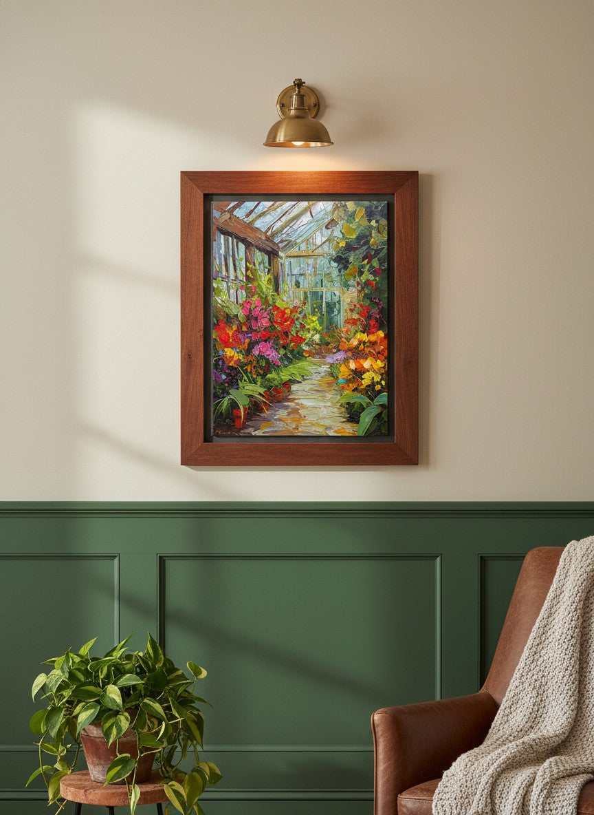 Colorful Greenhouse Floral Painting art print shown in a forest green walnut setting