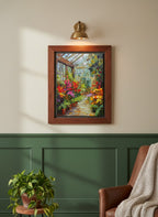 Colorful Greenhouse Floral Painting art print shown in a forest green walnut setting