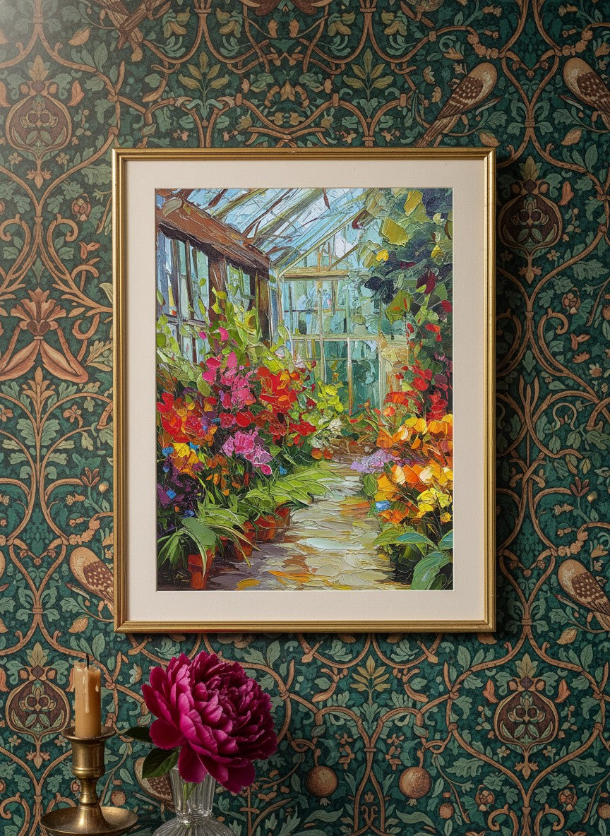 Colorful Greenhouse Floral Painting art print shown in a maximalist floral brass setting