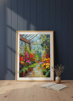 Colorful Greenhouse Floral Painting art print shown in a navy paneled oak setting