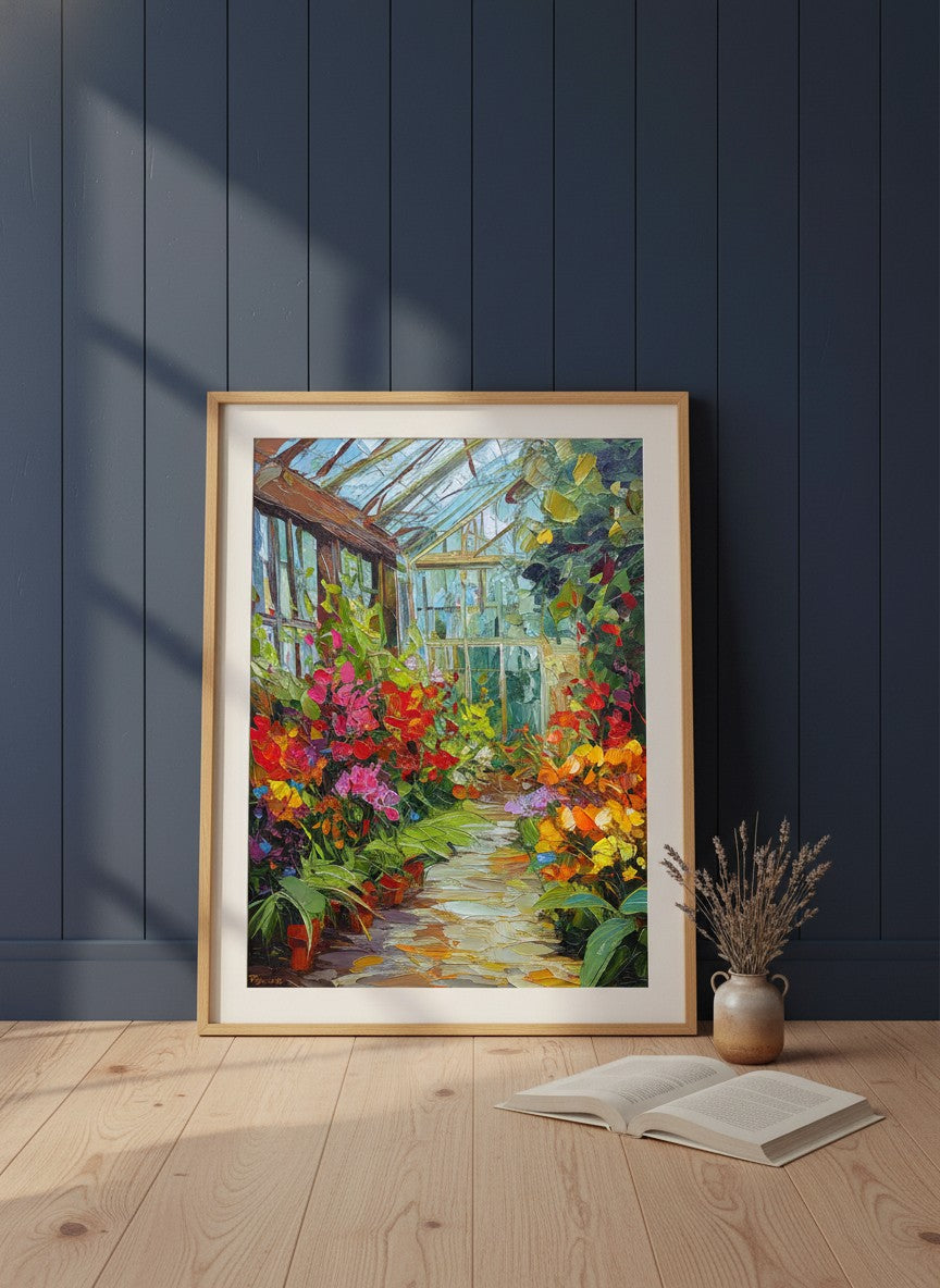 Colorful Greenhouse Floral Painting art print shown in a navy paneled oak setting