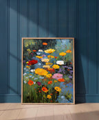 Wildflower Meadow Oil Painting art print shown in a blue 1 setting