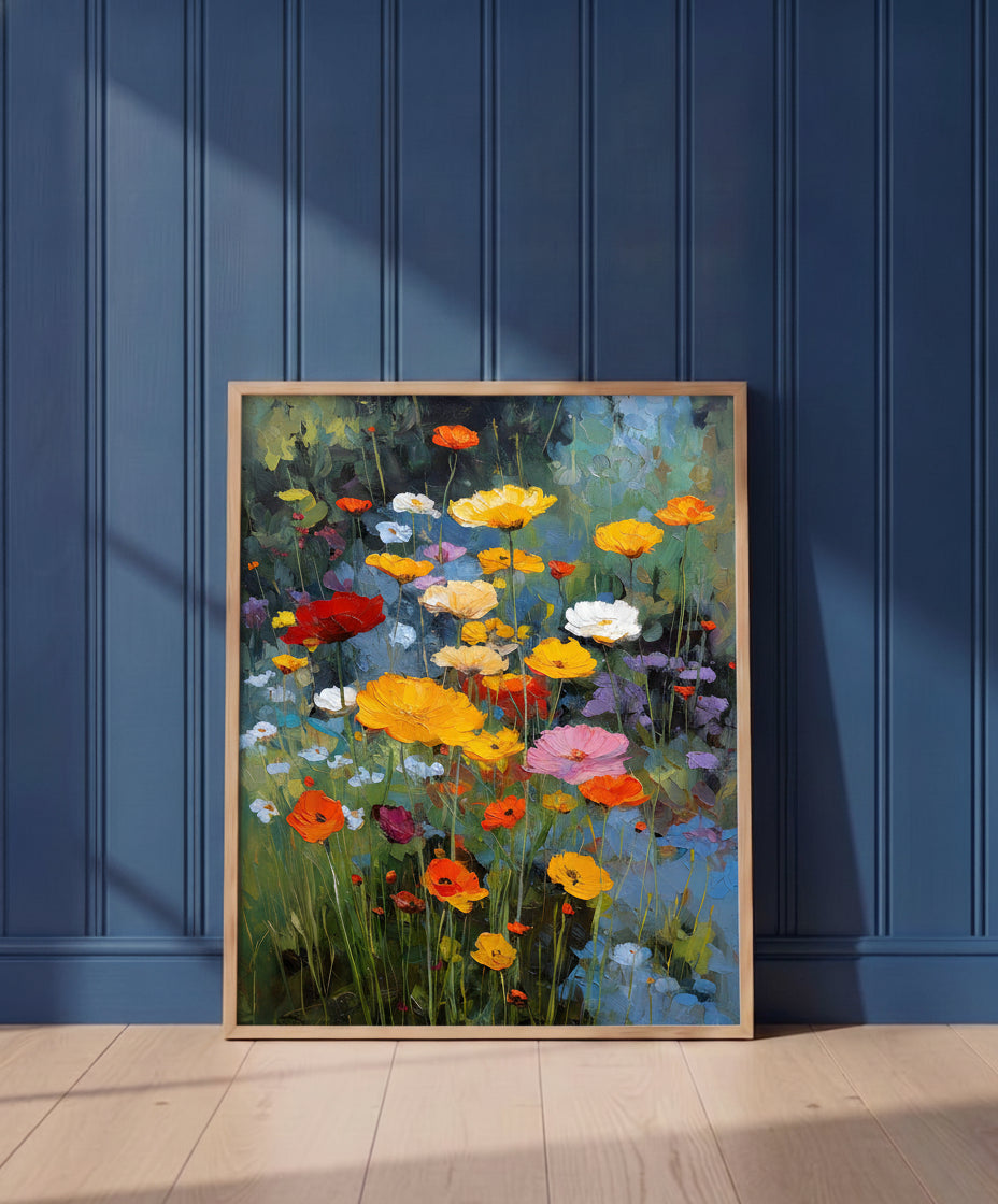 Wildflower Meadow Oil Painting art print shown in a blue wall paneled setting