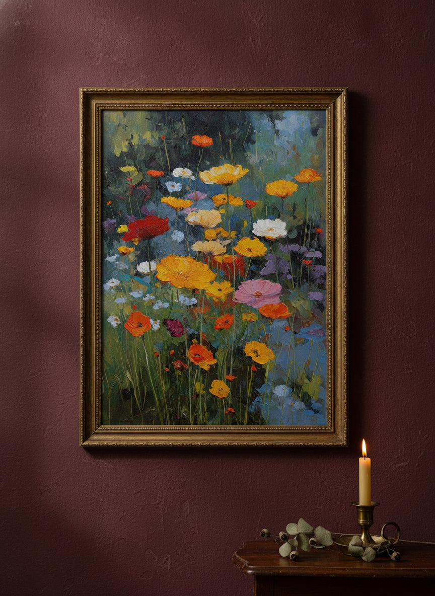 Wildflower Meadow Oil Painting art print shown in a burgundy brass setting