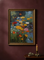 Wildflower Meadow Oil Painting art print shown in a burgundy brass setting
