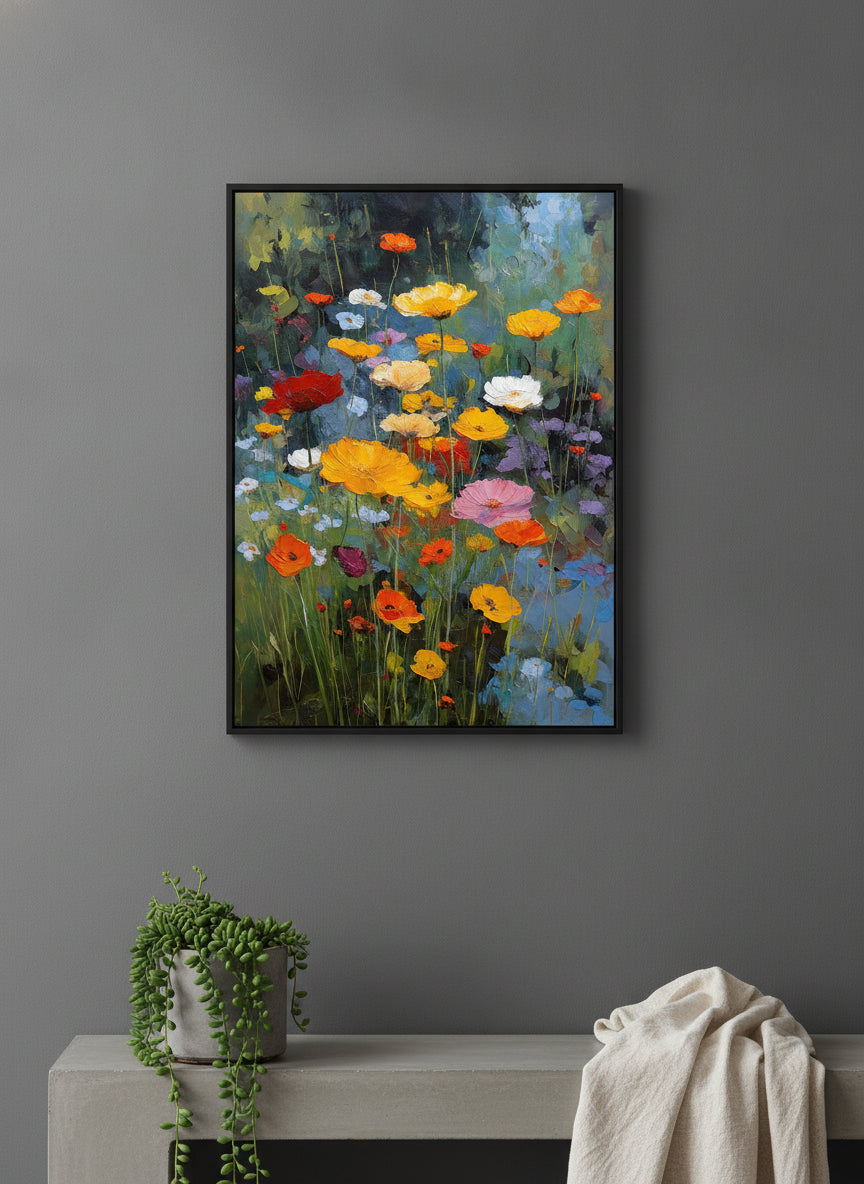 Wildflower Meadow Oil Painting art print shown in a charcoal minimal black setting