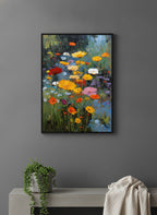 Wildflower Meadow Oil Painting art print shown in a charcoal minimal black setting