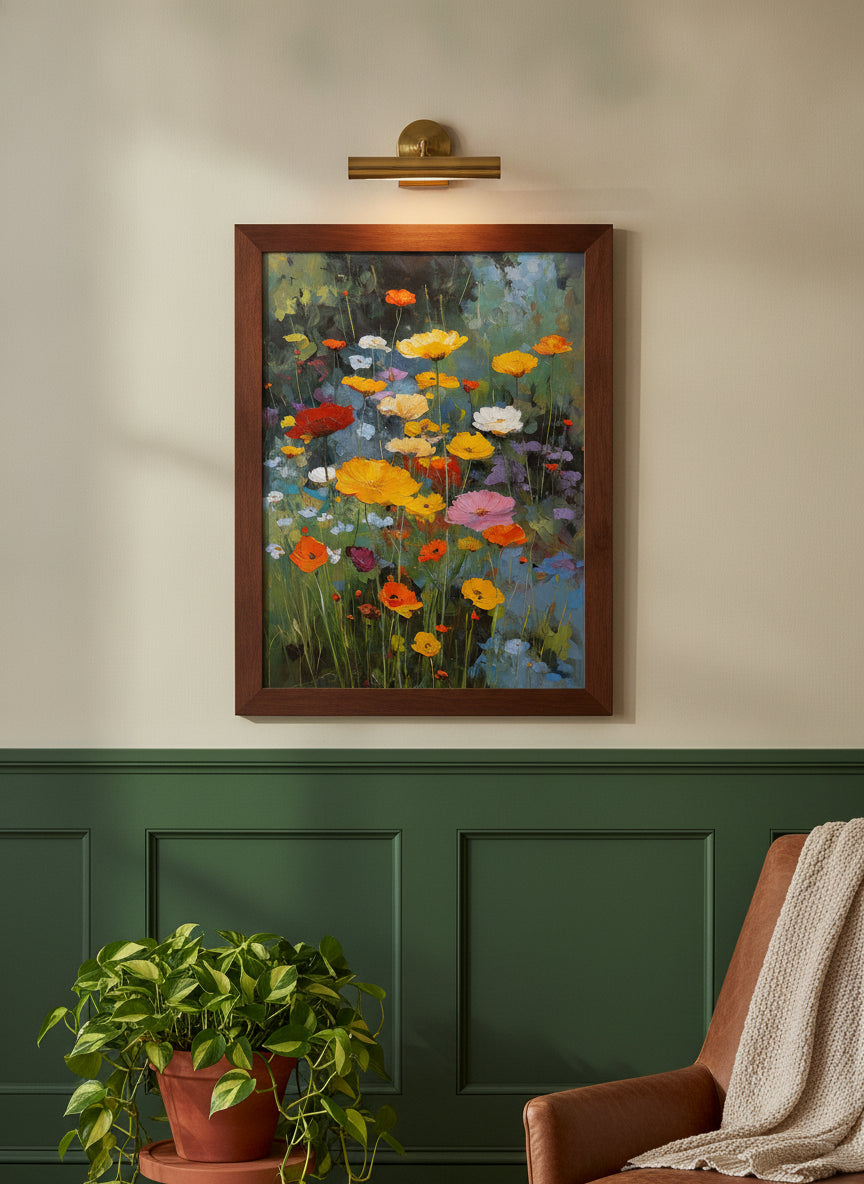 Wildflower Meadow Oil Painting art print shown in a forest green walnut setting