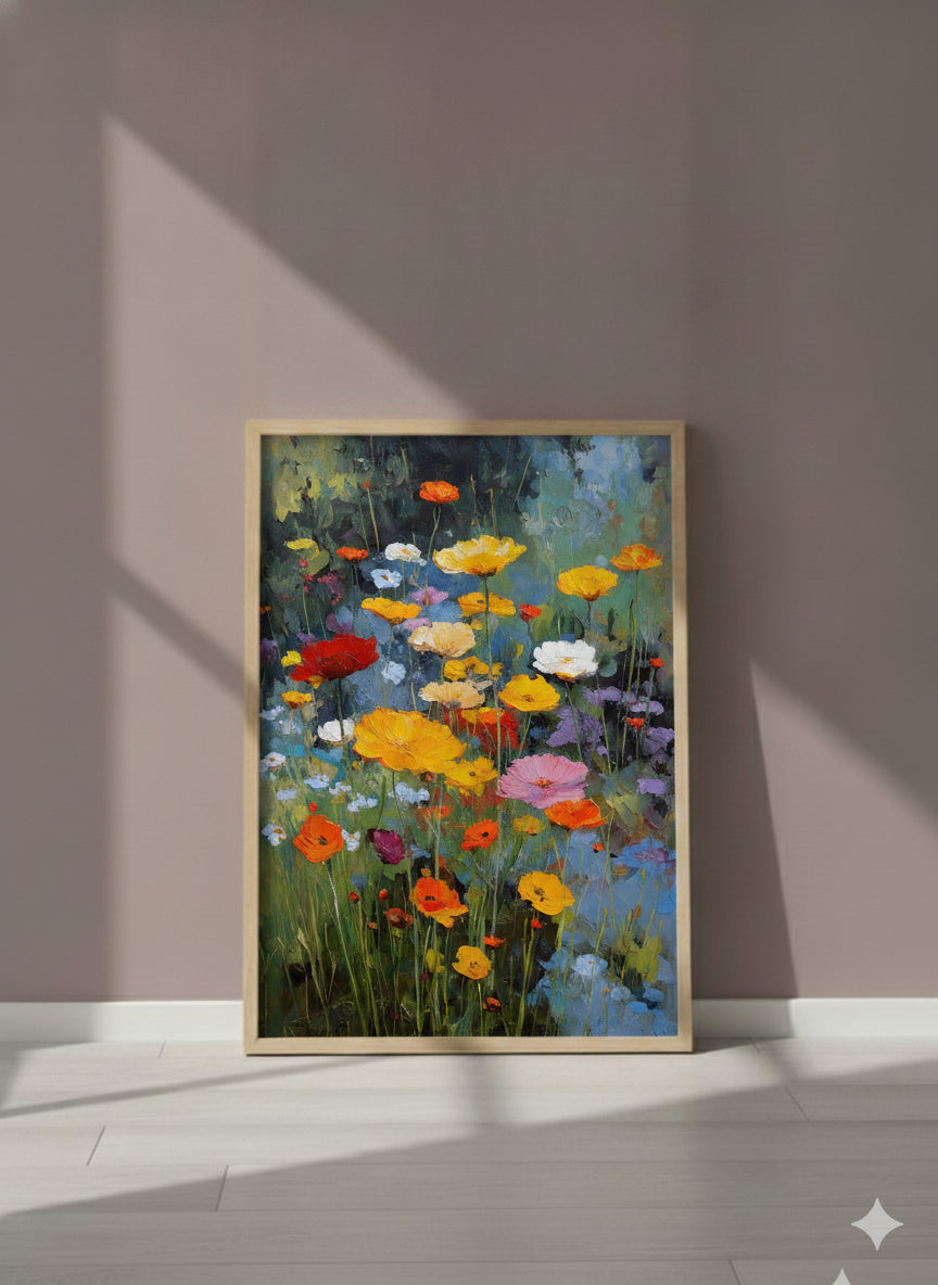 Wildflower Meadow Oil Painting art print shown in a purple setting