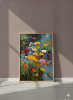 Wildflower Meadow Oil Painting art print shown in a purple setting