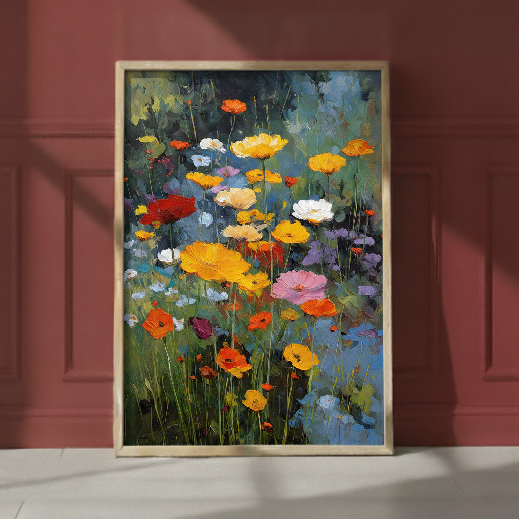 Wildflower Meadow Oil Painting art print shown in a red setting