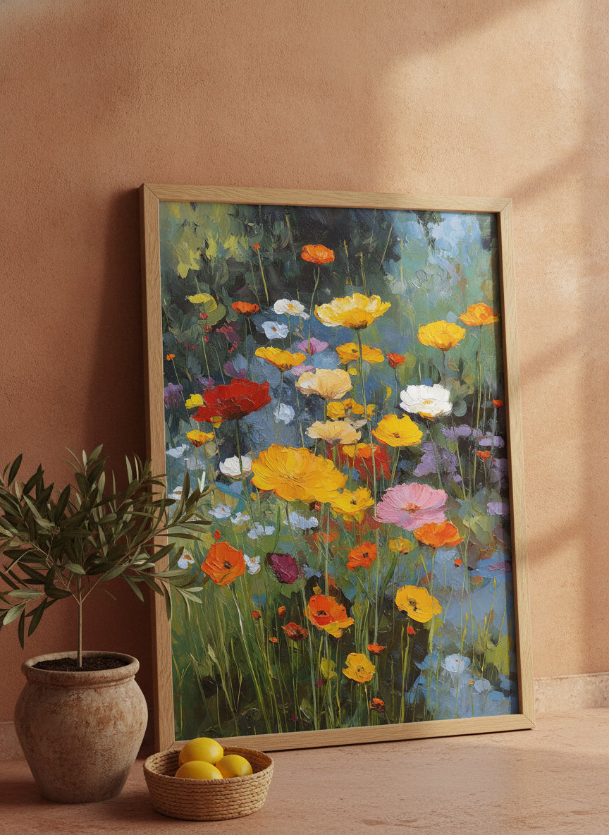 Wildflower Meadow Oil Painting art print shown in a terracotta rustic setting