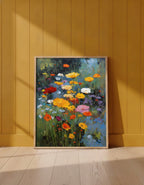 Wildflower Meadow Oil Painting art print shown in a yellow wall setting