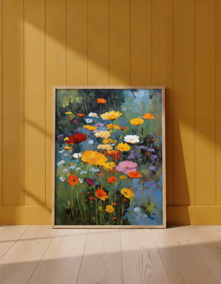 Wildflower Meadow Oil Painting art print shown in a yellow wall setting