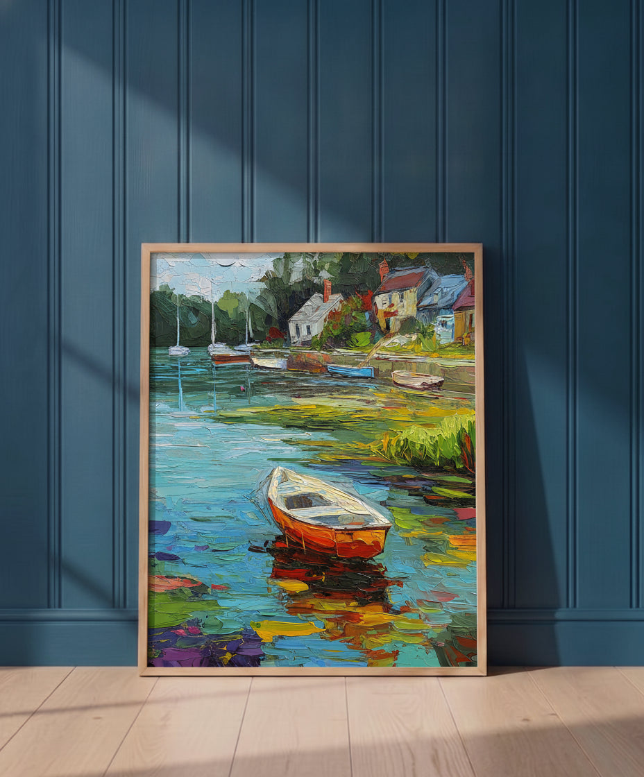 Impressionist Harbor Boats Painting art print shown in a blue 1 setting