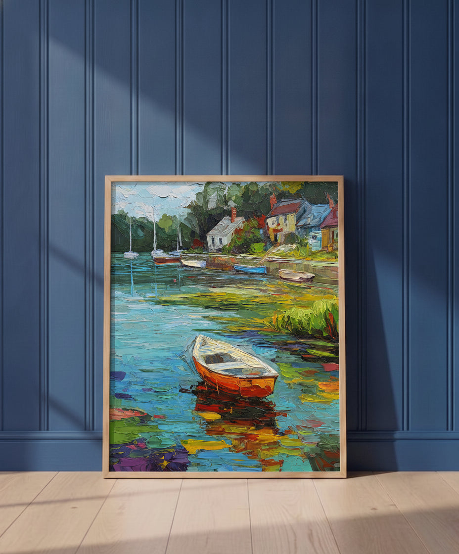 Impressionist Harbor Boats Painting art print shown in a blue wall paneled setting