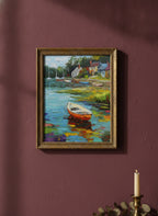 Impressionist Harbor Boats Painting art print shown in a burgundy brass setting