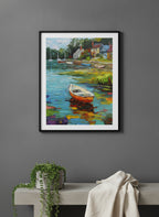 Impressionist Harbor Boats Painting art print shown in a charcoal minimal black setting