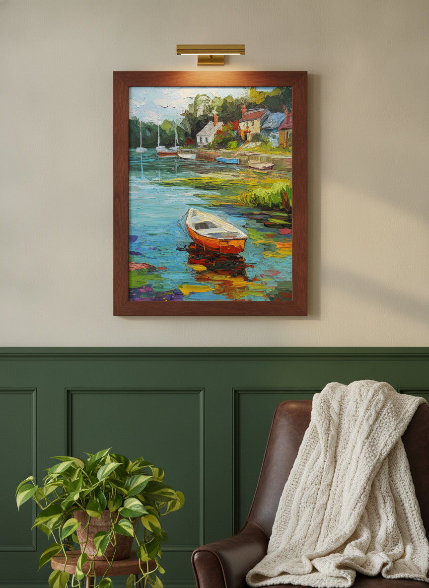 Impressionist Harbor Boats Painting art print shown in a forest green walnut setting