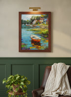 Impressionist Harbor Boats Painting art print shown in a forest green walnut setting