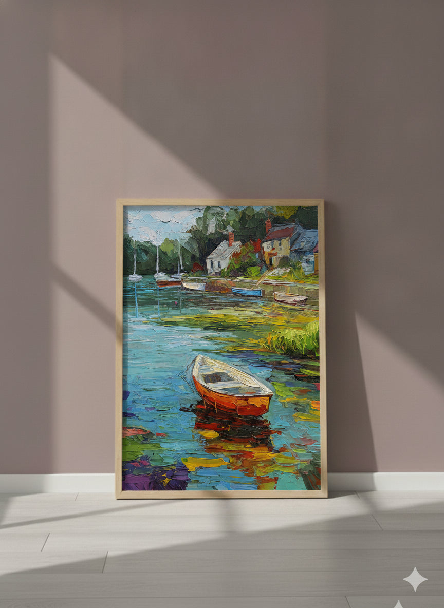 Impressionist Harbor Boats Painting art print shown in a purple setting
