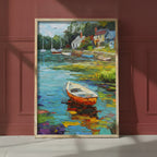 Impressionist Harbor Boats Painting art print shown in a red setting