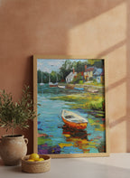 Impressionist Harbor Boats Painting art print shown in a terracotta rustic setting