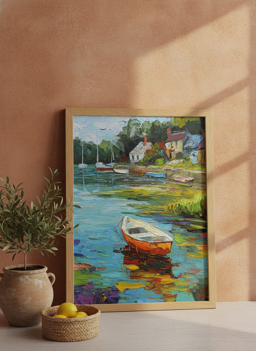Impressionist Harbor Boats Painting art print shown in a terracotta rustic setting