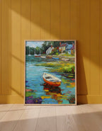 Impressionist Harbor Boats Painting art print shown in a yellow wall setting
