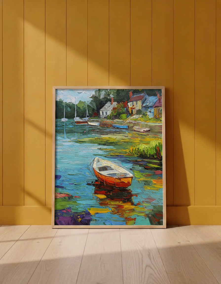 Impressionist Harbor Boats Painting art print shown in a yellow wall setting
