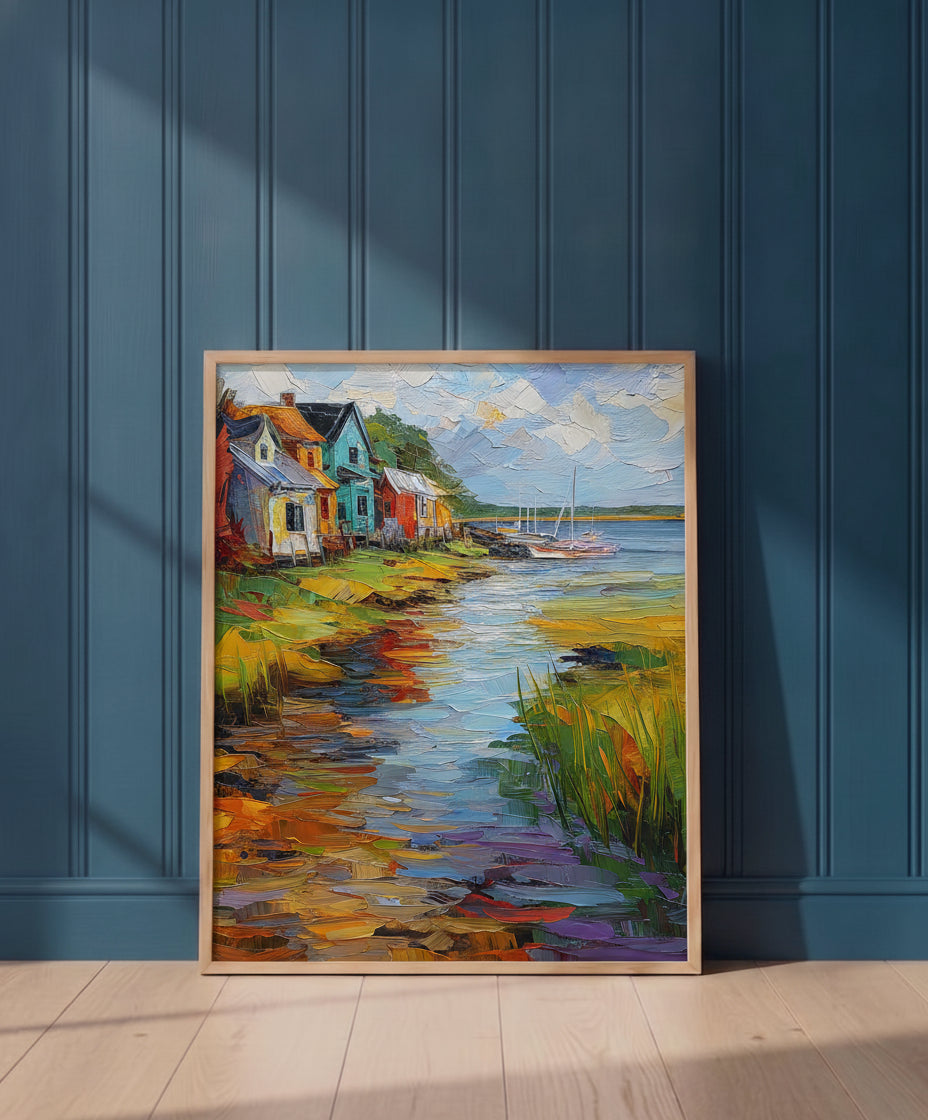 Colorful Coastal Village Painting art print shown in a blue 1 setting