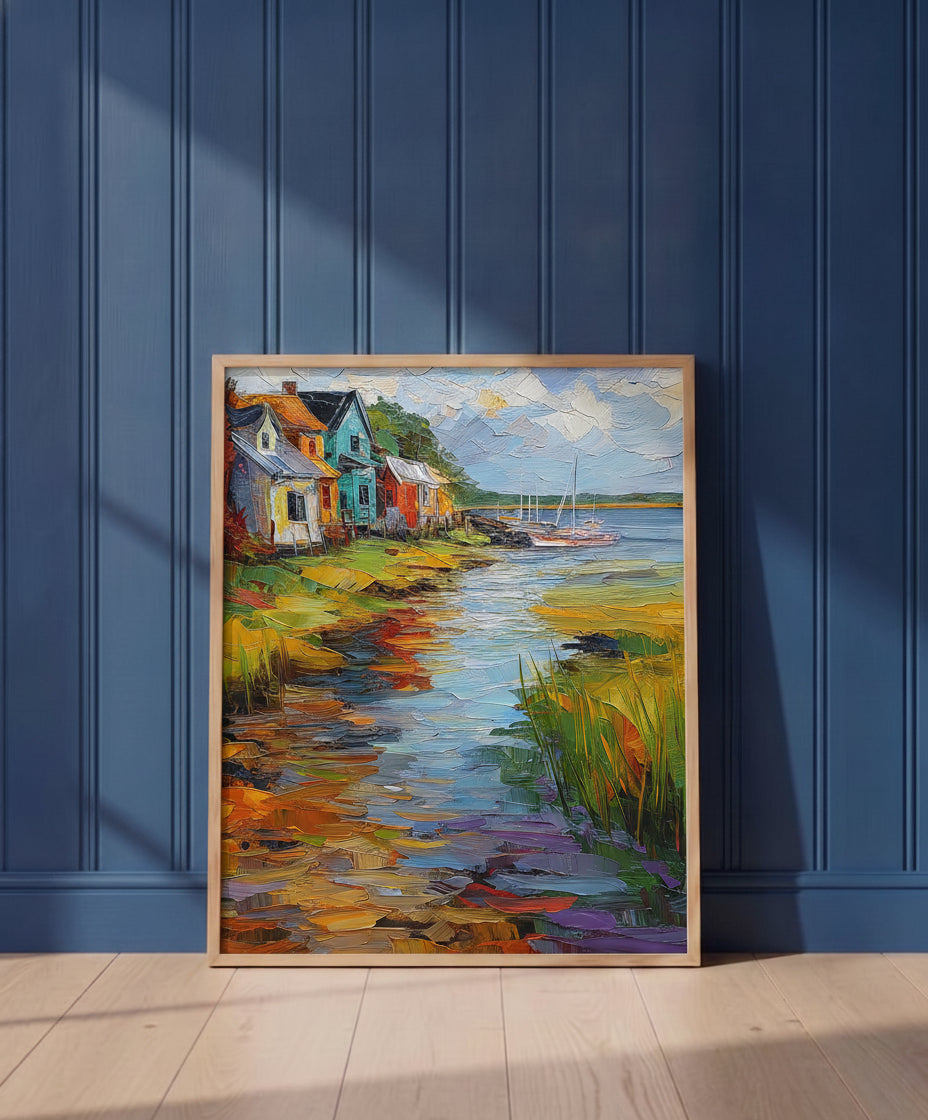Colorful Coastal Village Painting art print shown in a blue wall paneled setting