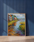 Colorful Coastal Village Painting art print shown in a blue wall paneled setting