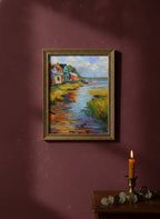Colorful Coastal Village Painting art print shown in a burgundy brass setting