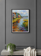 Colorful Coastal Village Painting art print shown in a charcoal minimal black setting