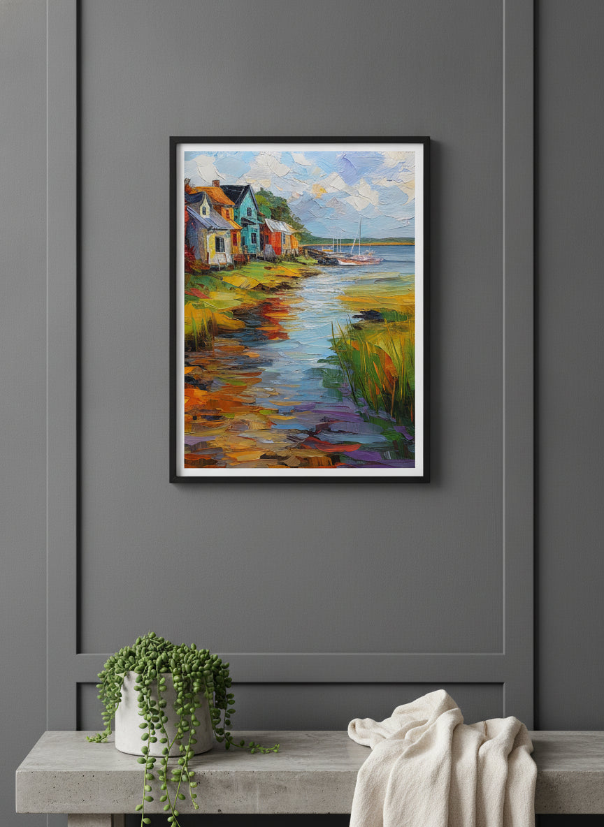 Colorful Coastal Village Painting art print shown in a charcoal minimal black setting