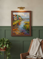 Colorful Coastal Village Painting art print shown in a forest green walnut setting