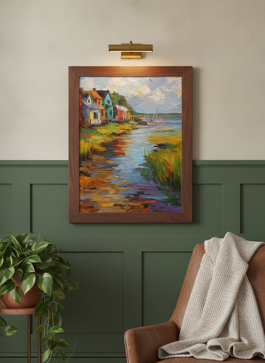 Colorful Coastal Village Painting art print shown in a forest green walnut setting