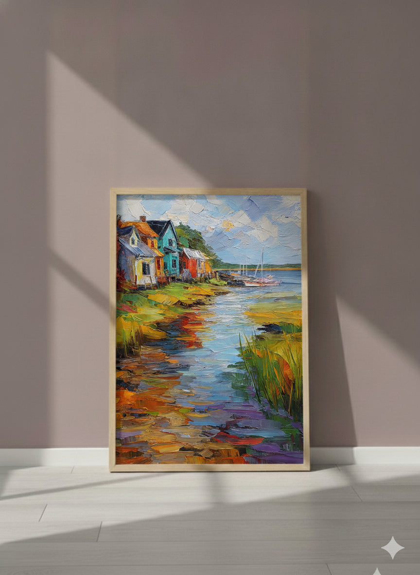 Colorful Coastal Village Painting art print shown in a purple setting