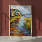 Colorful Coastal Village Painting art print shown in a red setting