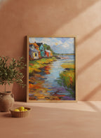 Colorful Coastal Village Painting art print shown in a terracotta rustic setting