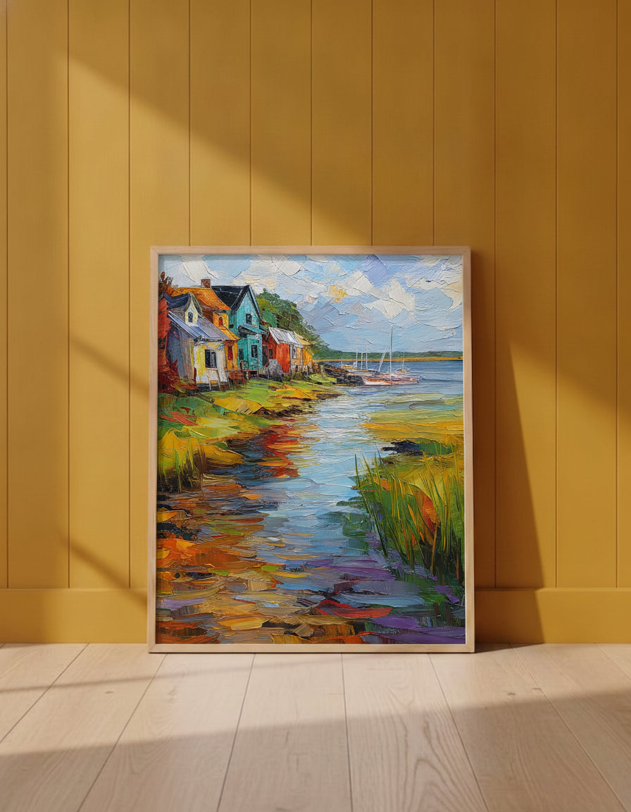 Colorful Coastal Village Painting art print shown in a yellow wall setting