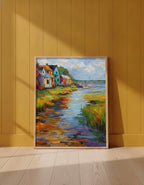 Colorful Coastal Village Painting art print shown in a yellow wall setting