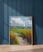 Coastal Sailboat Dune Grass Art art print shown in a blue 1 setting
